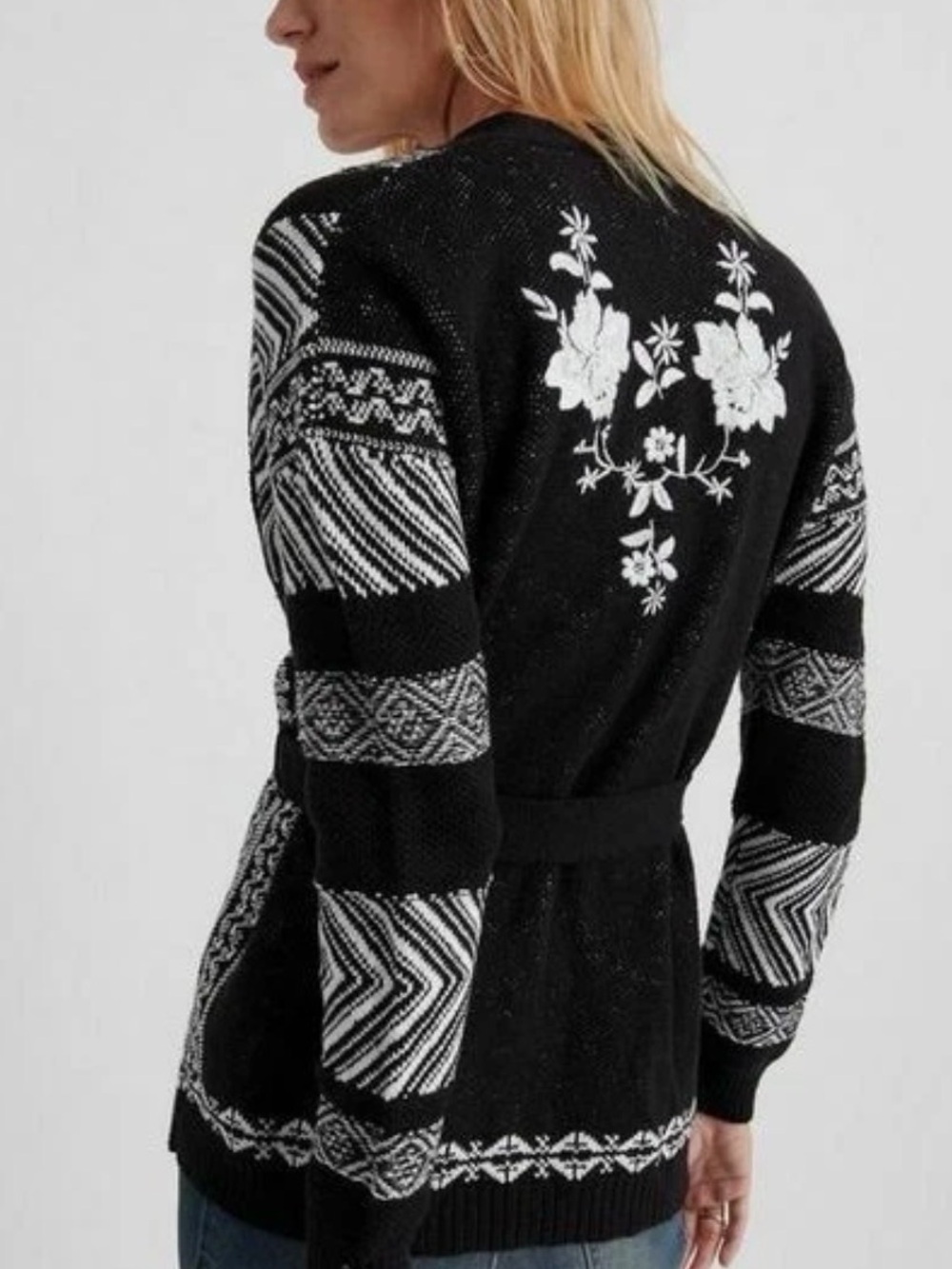Lucky Brand xs Embroidered Knit Tie-Waist Cardigan Sweater COTTON Boho Blk/wht
